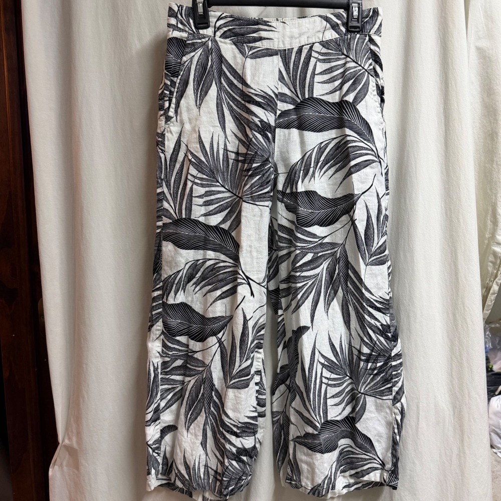 Tahari Womens 100% Linen Wide Leg Pants Black White Tropical Palm Leaf Print M